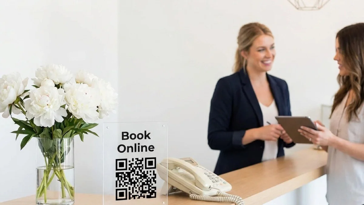 Божури на пултот, QR код на знакот, телефонот собира прав — новата рецепција