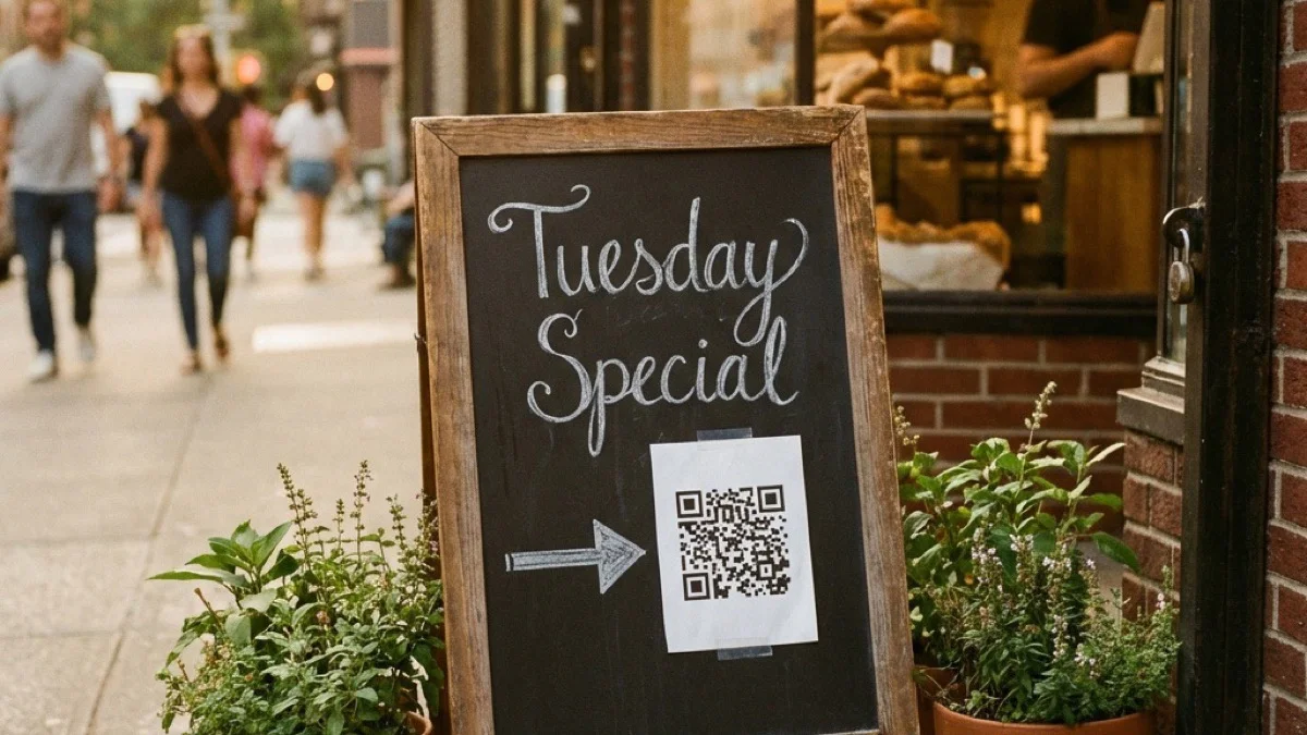 Вторник Специјал на таблата, QR код на дното — тротоарот продава наместо вас
