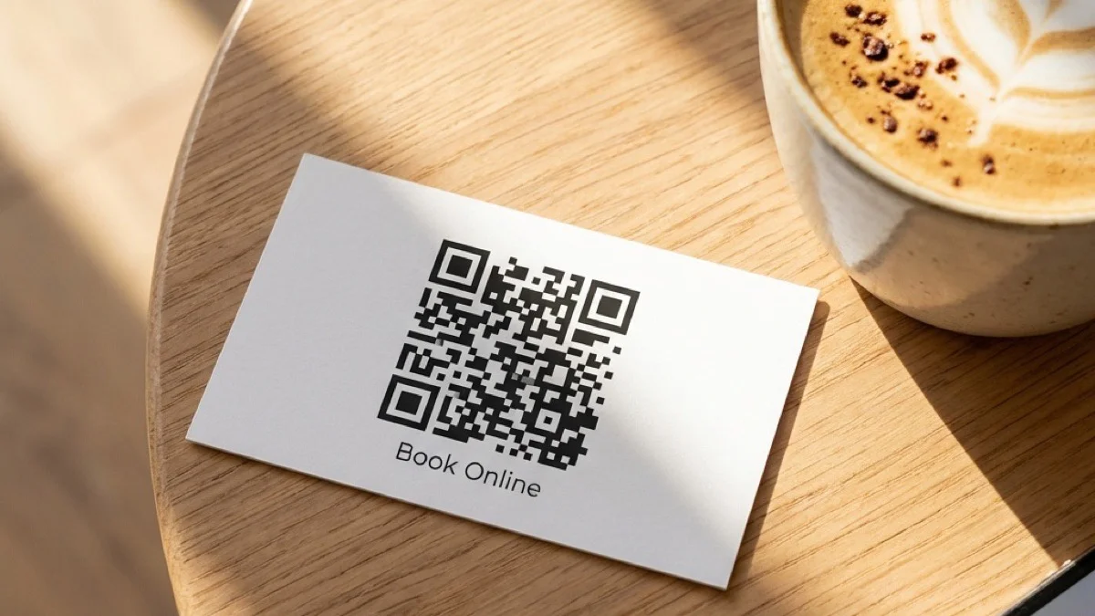 Визит-картичка на масата во кафуле, QR код под утринското сонце — стара школа среќава нов метод