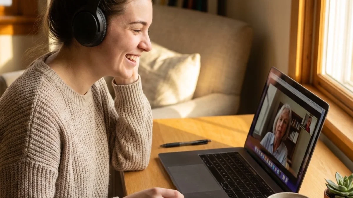 Слушалки на уши, тетратка отворена — час по јазик од удобноста на дома