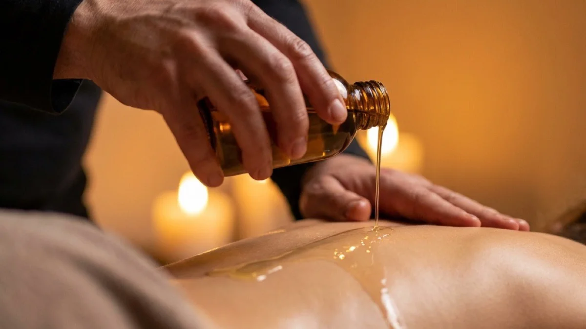Топло масло ја лови светлината додека тече — уметноста на терапевтскиот допир