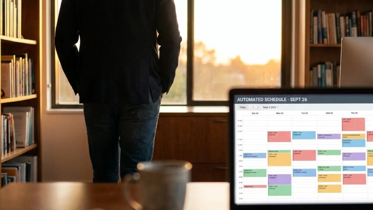 Раце во џебови, зајдисонце низ прозорецот — системот се движи сам