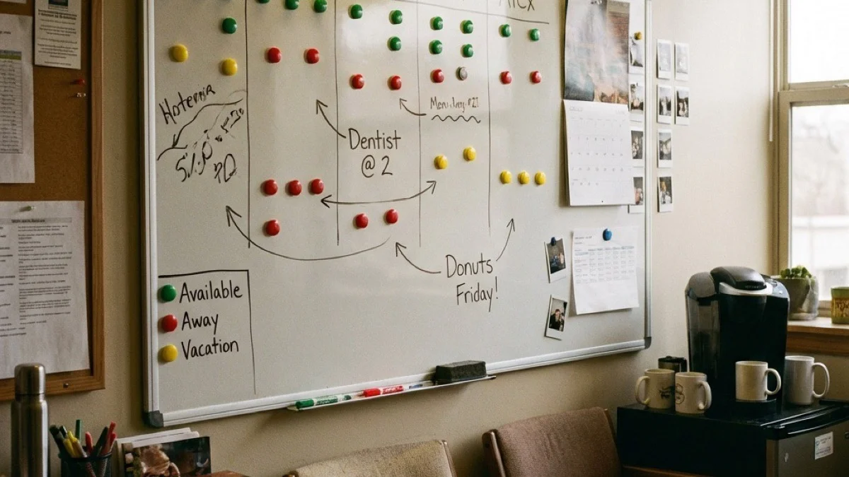 Зелено значи тука, црвено значи отсутен — таблата во чајната ја раскажува приказната