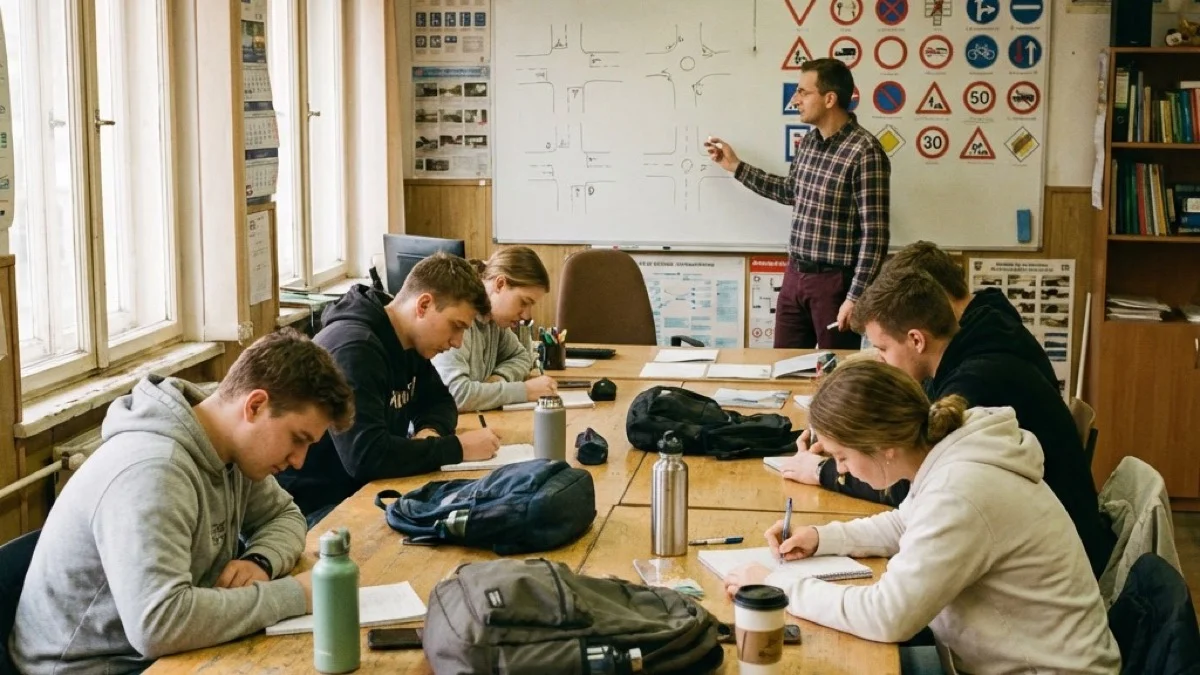 Табла полна со сообраќајни знаци, учениците внимаваат