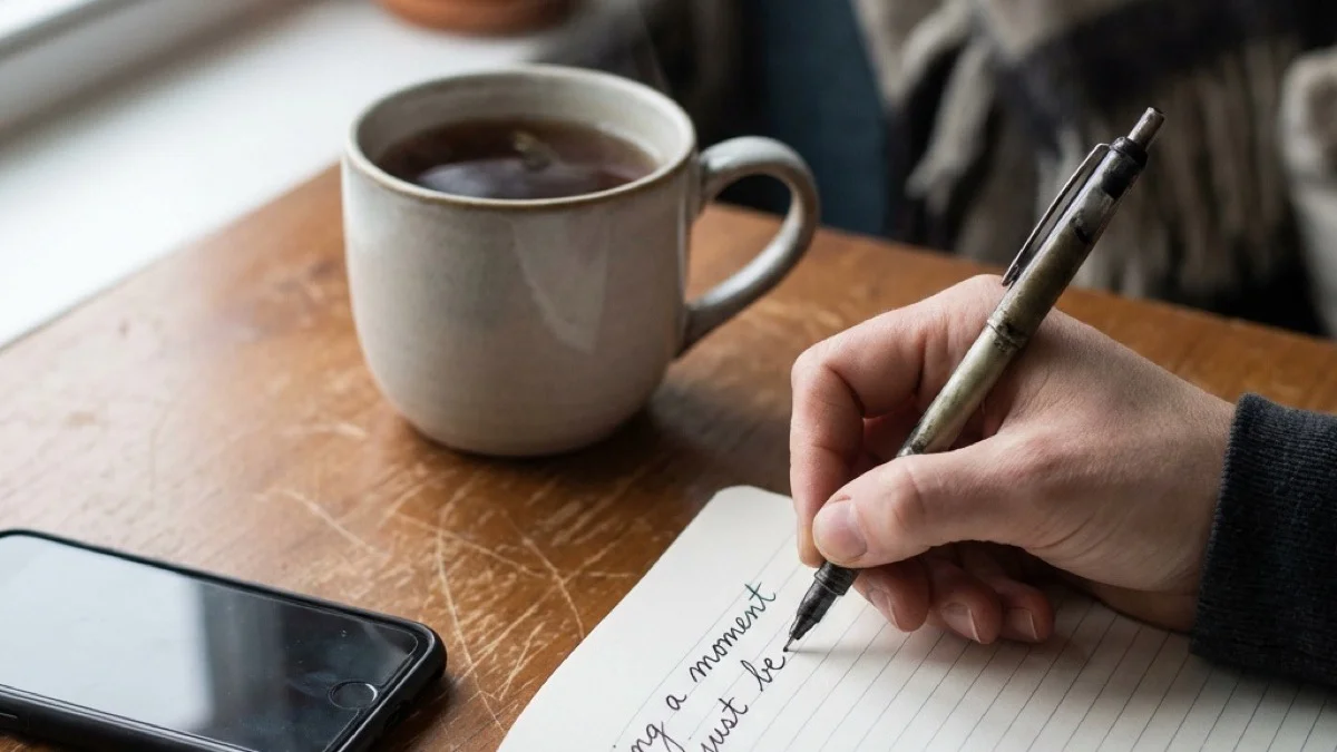 Пенкало на хартија, чај што испарува, телефонот свртен надолу — време за размислување пред сесијата