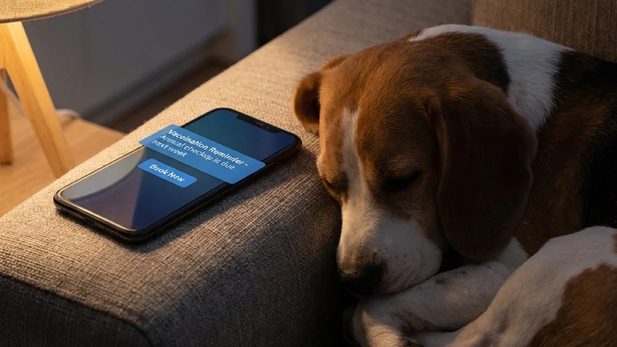 Потсетник за вакцина на телефонот, бигл заспан на каучот — тивкиот потсетник што ги одржува миленичињата здрави