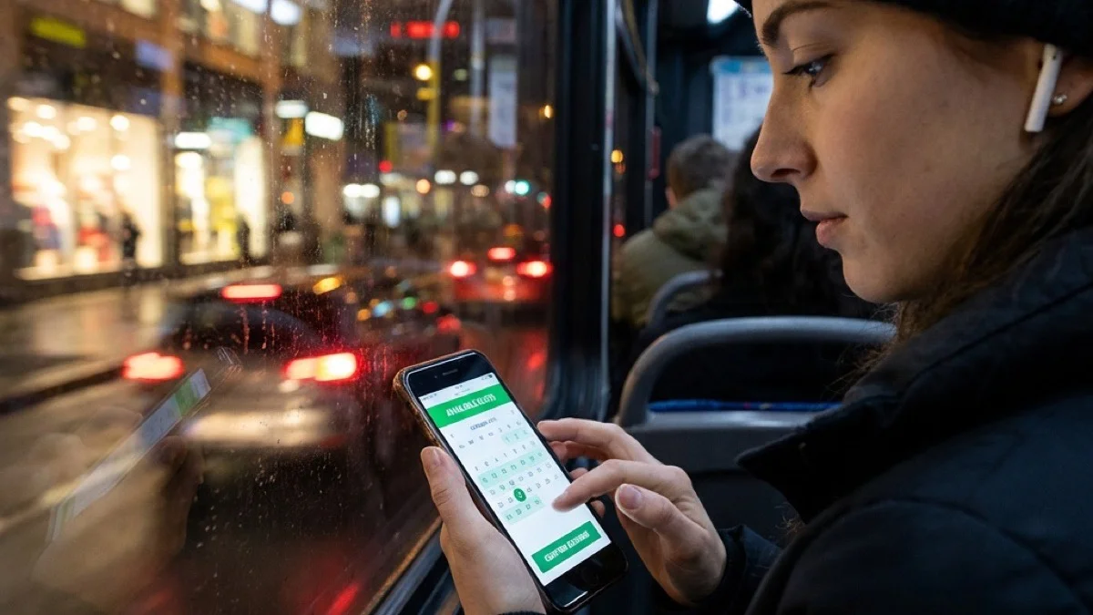 Градски светла минуваат покрај прозорецот, слушалки во уши, терминот потврден — букирањето се случува каде и да сте